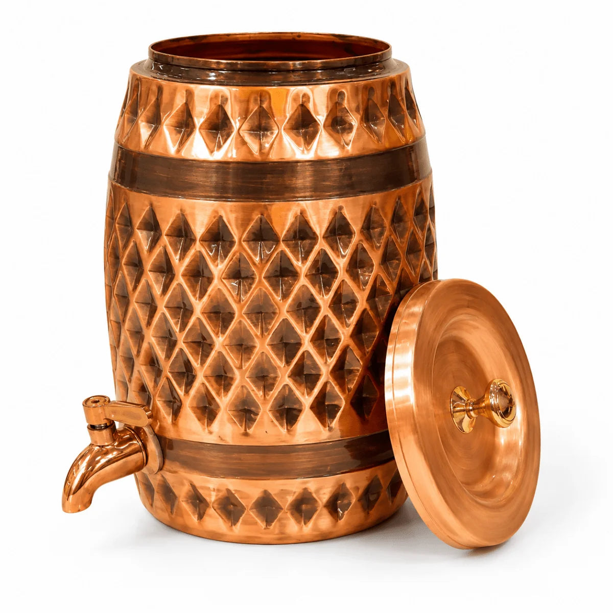 RoyalStuffs Dholak-Shaped Diamond Pattern Antique Copper Water Dispenser – Handcrafted Copper Beverage Dispenser with Tap