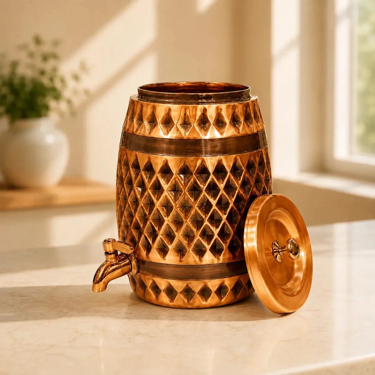 RoyalStuffs Dholak-Shaped Diamond Pattern Antique Copper Water Dispenser – Handcrafted Copper Beverage Dispenser with Tap
