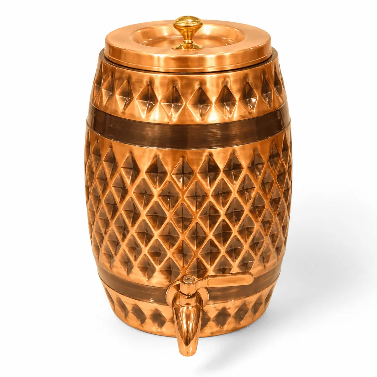RoyalStuffs Dholak-Shaped Diamond Pattern Antique Copper Water Dispenser – Handcrafted Copper Beverage Dispenser with Tap