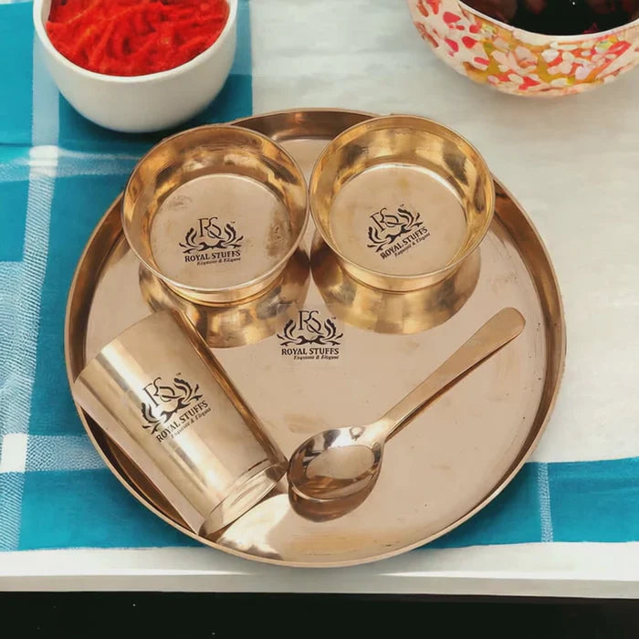 10.5 Inch Pure Bronze Kansa Thali Set – 5 Piece Handcrafted Dinnerware Set (80:20 Certified Bronze)