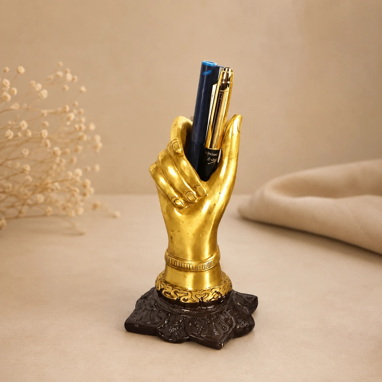 RoyalStuffs Brass Hand Shape Decorative Showpiece with Pen Holder – 16 CM Golden Desk Organizer