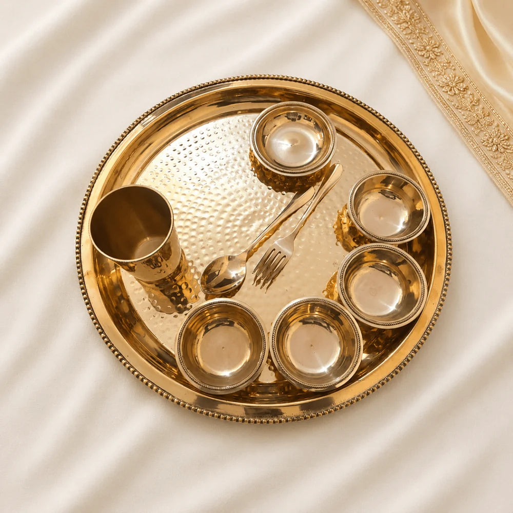 Extra Large Brass Thali Set 15.5 Inch (2.2 Kg) – Grand Maharaja Dining Set with 6 Bowls & Glass