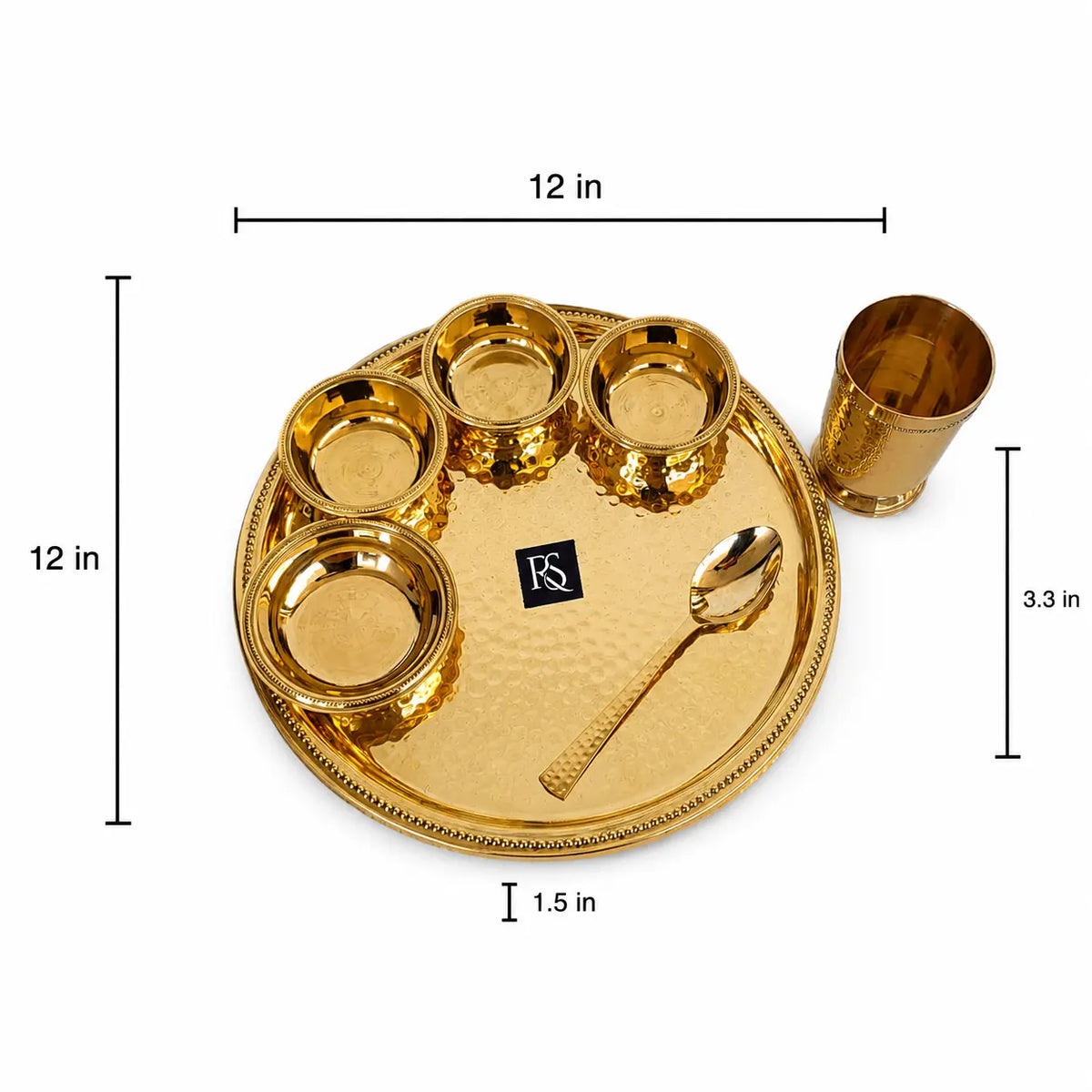 Pure Brass Hammered 7-Piece Dinner Set / Thali Set with Beaded Line Design