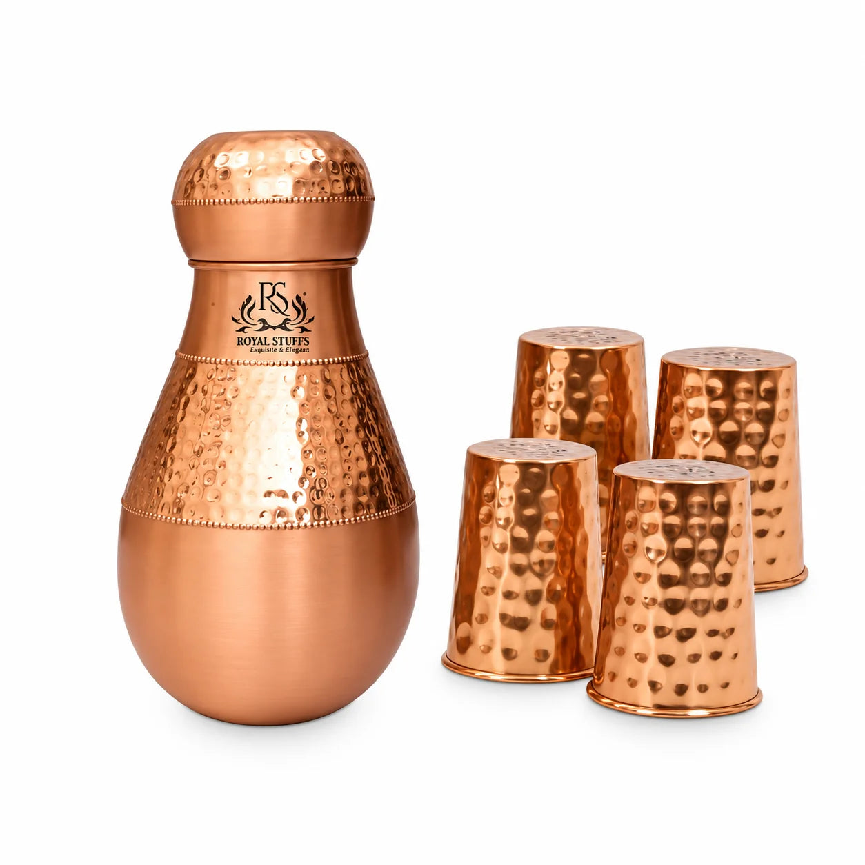 RoyalStuffs Pure Copper Bedroom Carafe Set – Hammered Copper Water Vessel with 4 Glasses (1600 ML)
