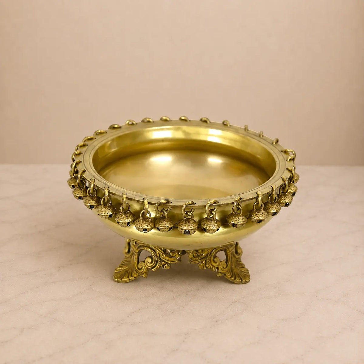 Brass Urli Bowl with Bells – Handcrafted Ethnic Decorative Bowl for Candles, Flowers & Home Décor