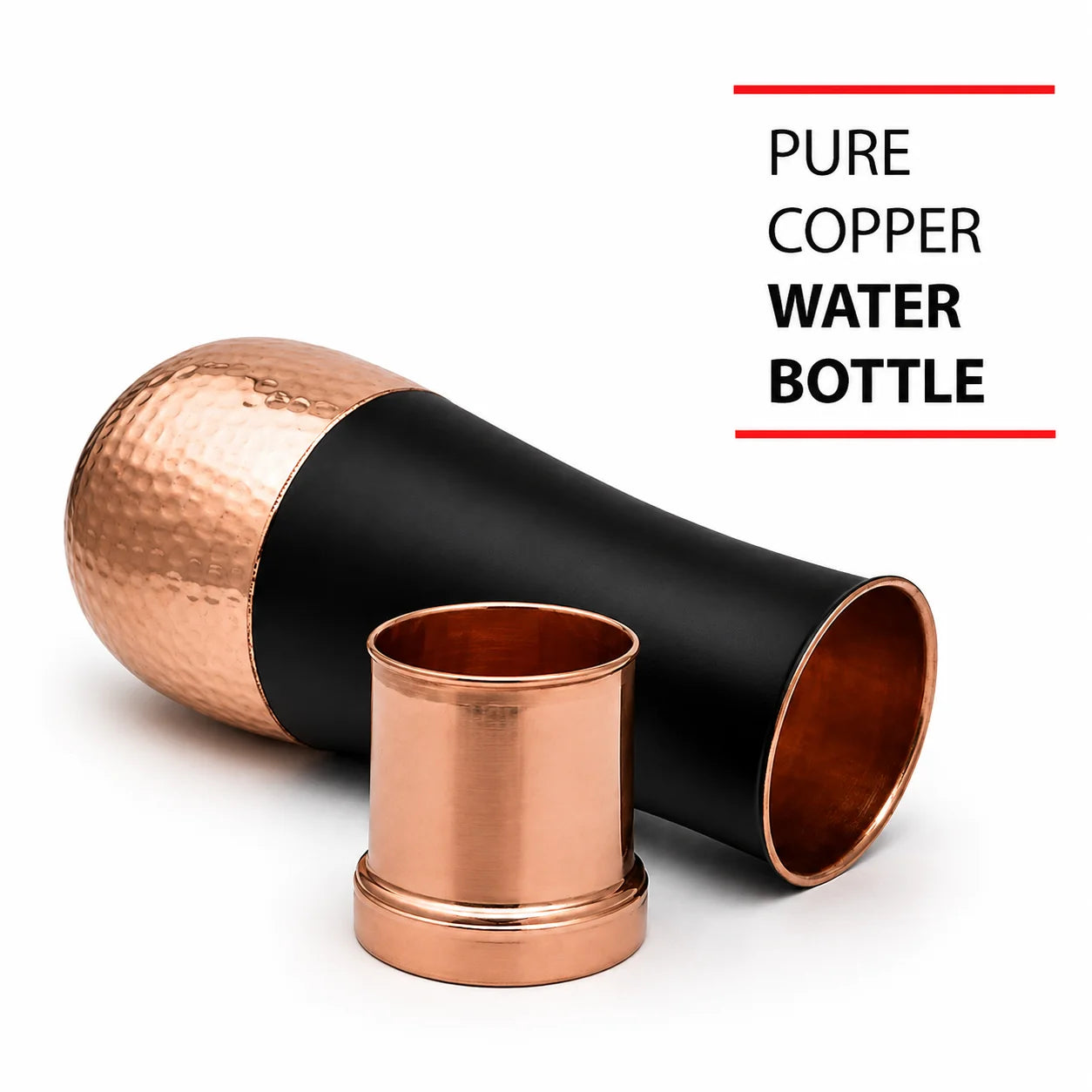 RoyalStuffs Pure Copper Bedroom Water Bottle with Inbuilt Glass – Brown Silk Hammered Surahi Carafe (1600 ML)