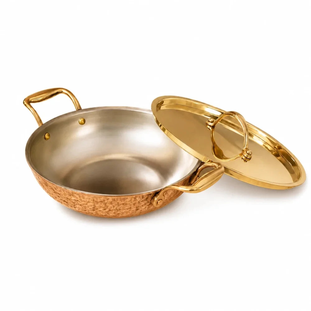 Flat Base Brass Kadhai with Lid & Tin (Kalai) Coating – Traditional Heavy Brass Cookware | RoyalStuffs