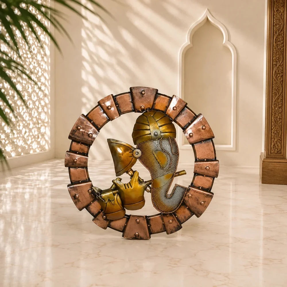 Ganesha | LED-Light Iron Wall Hanging with Flute | Spiritual iron Ganesha wall art and décor | Multicolor | 19 inch diameter | Material - Iron