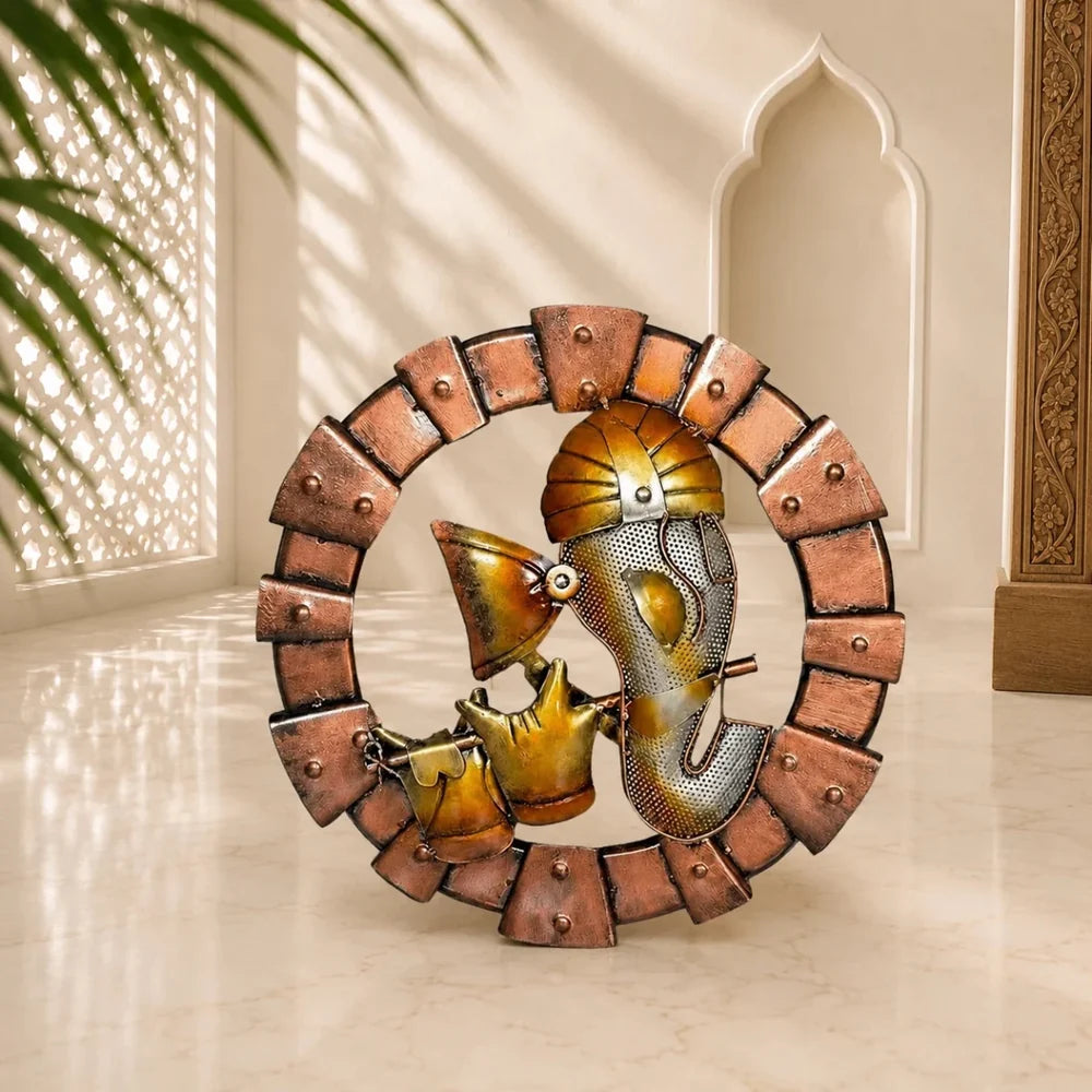 Ganesha | LED-Light Iron Wall Hanging with Flute | Spiritual iron Ganesha wall art and décor | Multicolor | 19 inch diameter | Material - Iron
