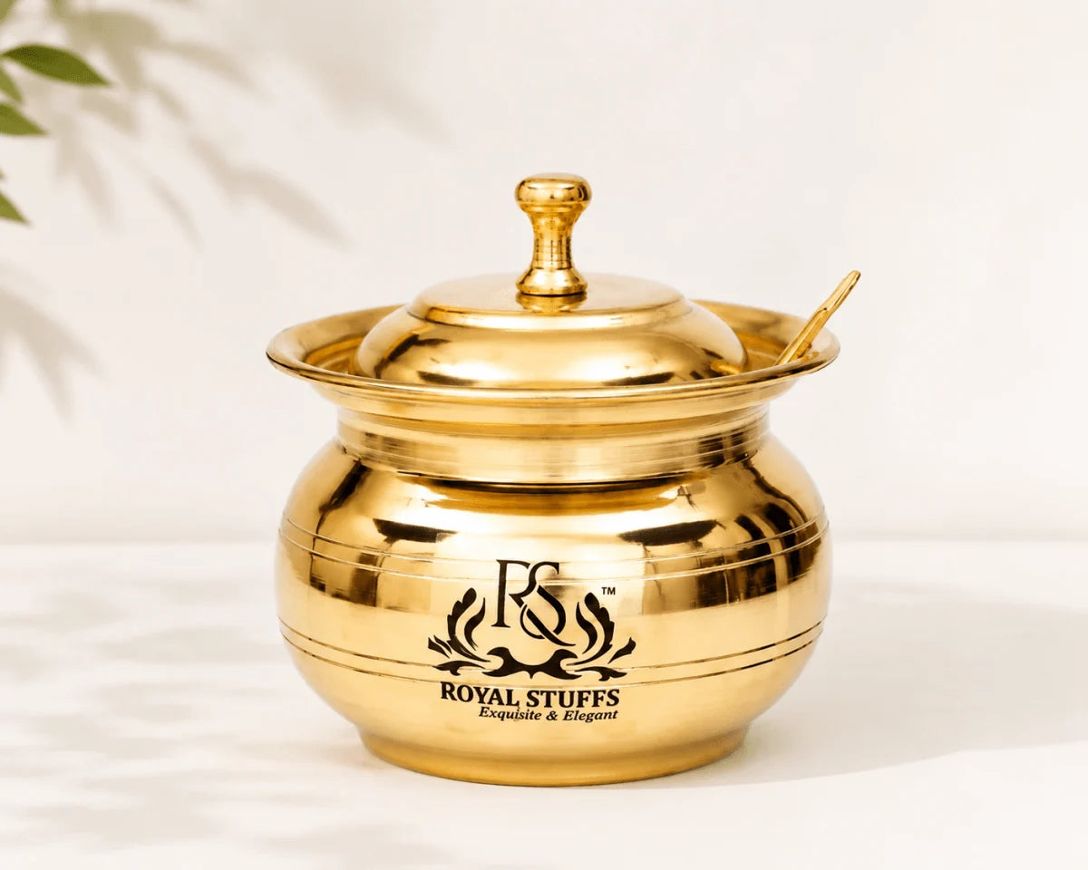 Pure Brass Ghee Pot with Lid and Spoon – Traditional Oil Container (250 ML)