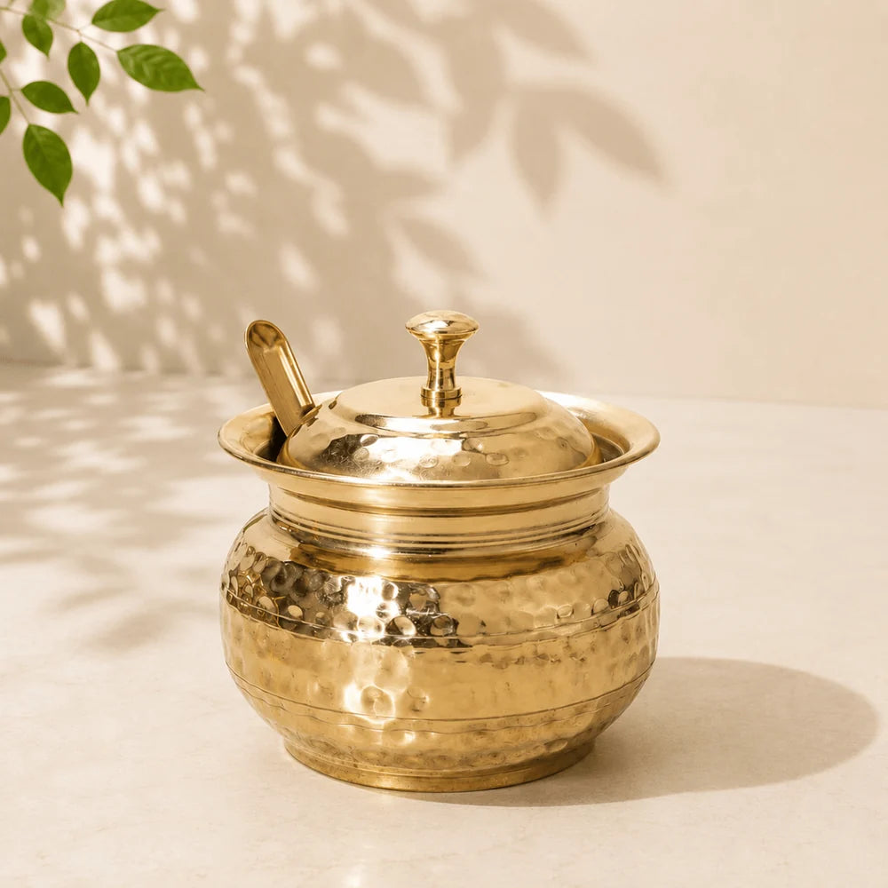 Golden Antique Hammered Brass Ghee Pot with Lid & Spoon | RoyalStuffs