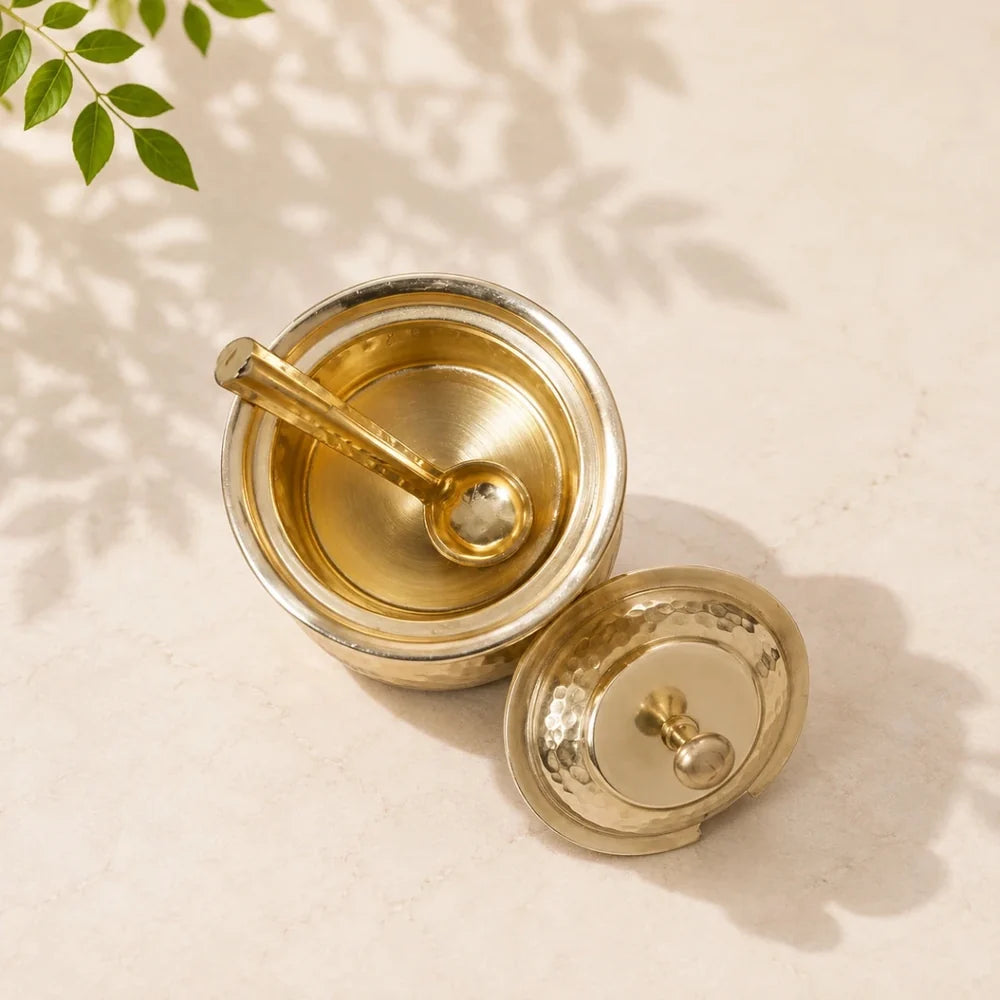 Golden Antique Hammered Brass Ghee Pot with Lid & Spoon | RoyalStuffs