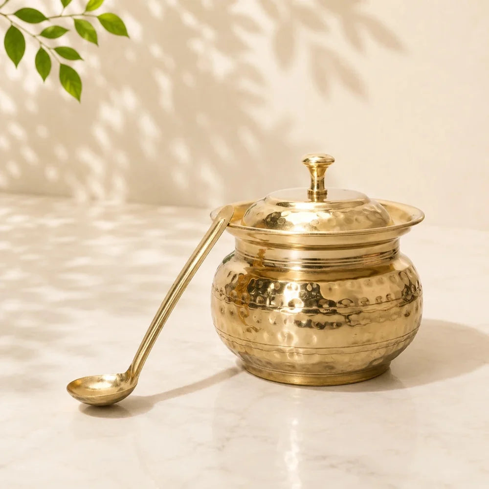 Golden Antique Hammered Brass Ghee Pot with Lid & Spoon | RoyalStuffs