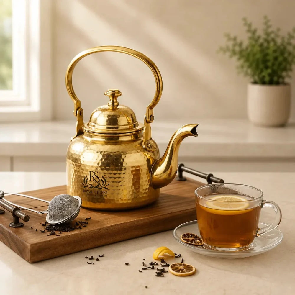Hammered Antique Designer Brass Tea Kettle Pot Inside Tin Lining, Serving Tea Coffee, Tableware
