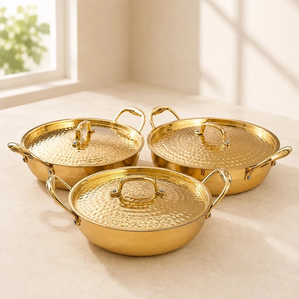 Hammered Brass Kadhai with Lid & Tin (Kalai) Coating – Traditional Heavy Brass Cooking & Serving Kadhai | 3 Sizes | RoyalStuffs