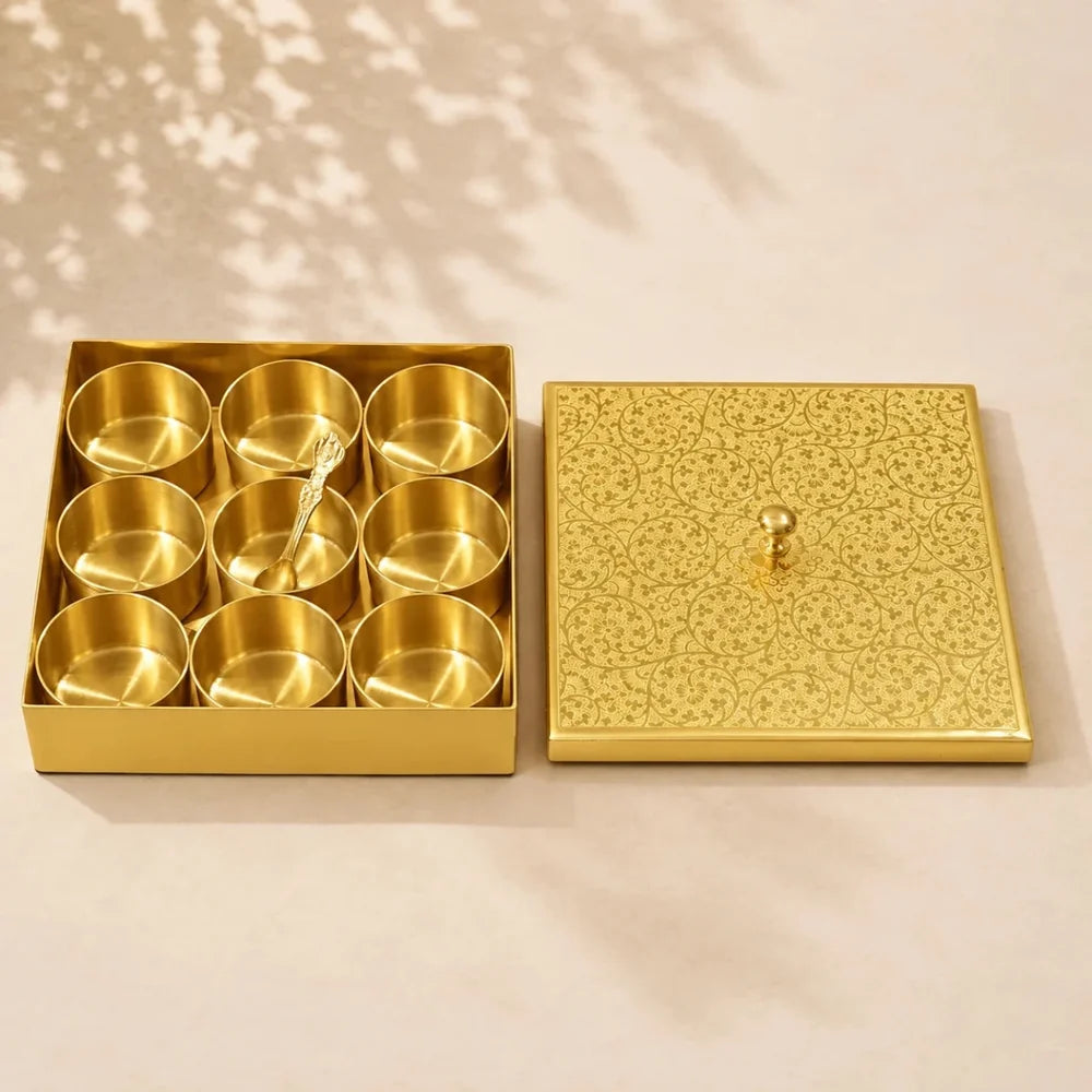 Hammered Brass Masaladani Square Shape with Tin (Kalai) Coating – Premium Spice Box with Lid & Spoon | Medium | RoyalStuffs