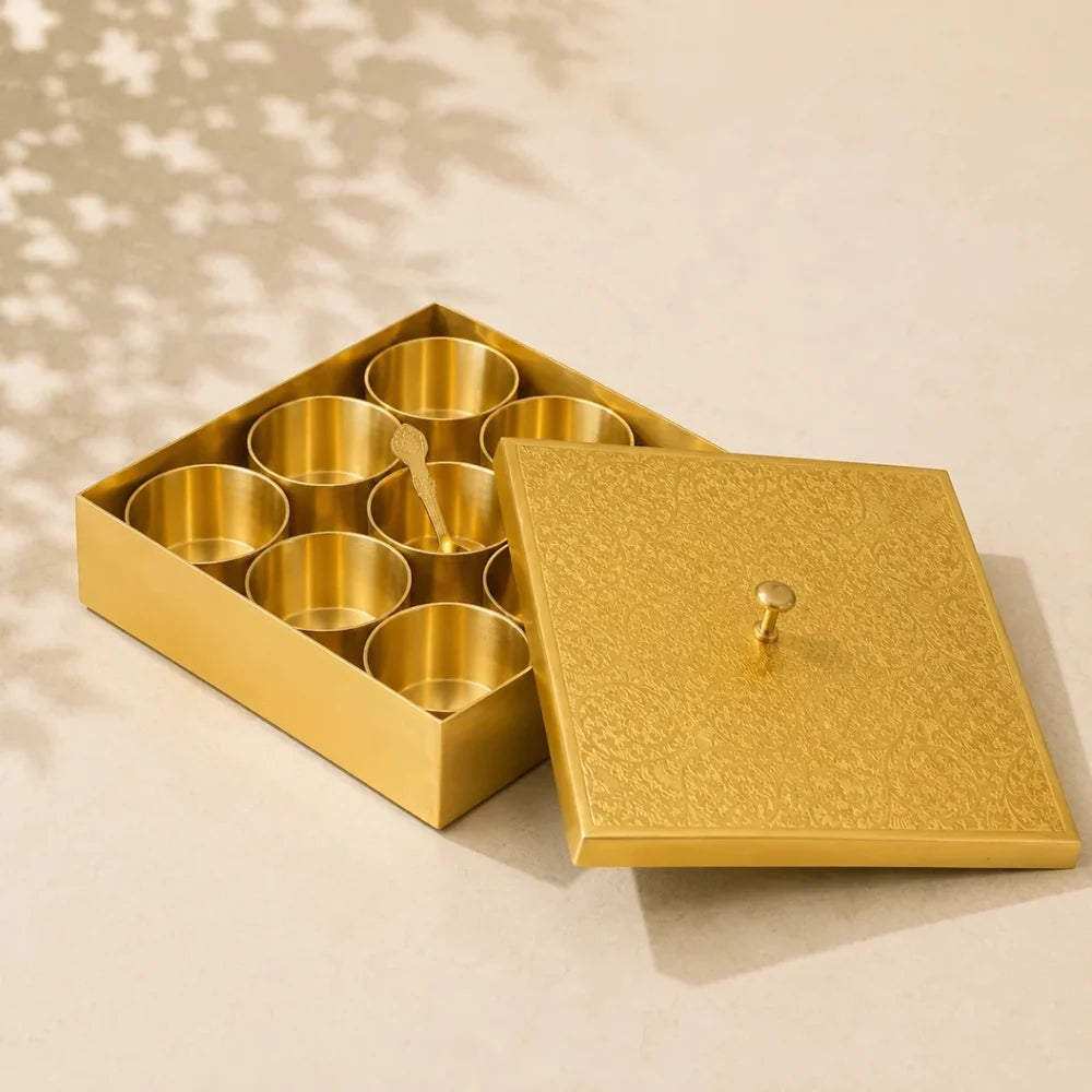 Hammered Brass Masaladani Square Shape with Tin (Kalai) Coating – Premium Spice Box with Lid & Spoon | Medium | RoyalStuffs