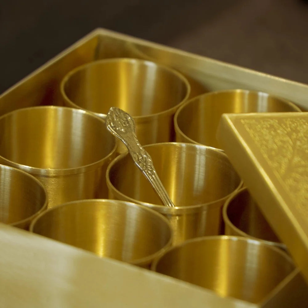 Hammered Brass Masaladani Square Shape with Tin (Kalai) Coating – Premium Spice Box with Lid & Spoon | Medium | RoyalStuffs