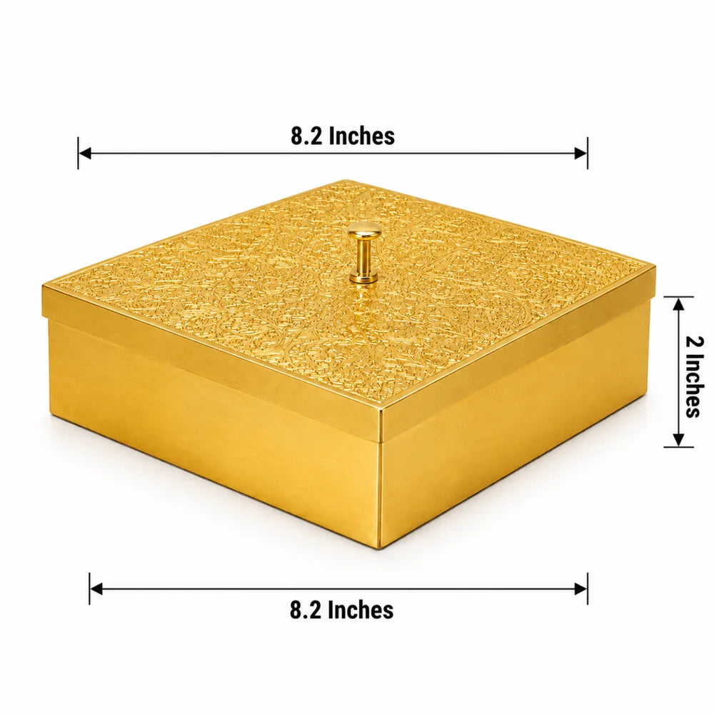 Hammered Brass Masaladani Square Shape with Tin (Kalai) Coating – Premium Spice Box with Lid & Spoon | Medium | RoyalStuffs