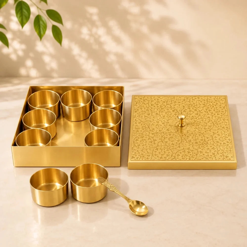 Hammered Brass Masaladani Square Shape with Tin (Kalai) Coating – Premium Spice Box with Lid & Spoon | Medium | RoyalStuffs