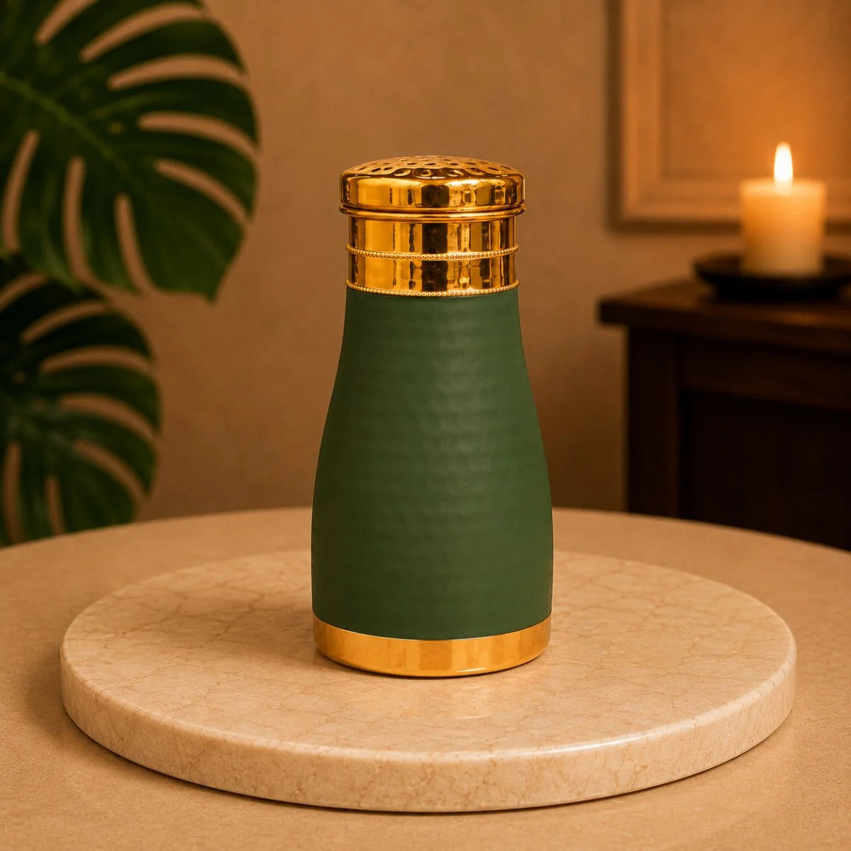 RoyalStuffs Hammered Velvet Touch Copper Bedside Carafe with Inbuilt Glass – 1 Litre