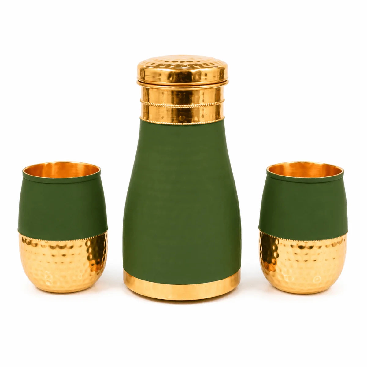 RoyalStuffs Hammered Velvet Touch Copper Bedside Carafe Set – 1 Litre Carafe with Two Copper Glasses