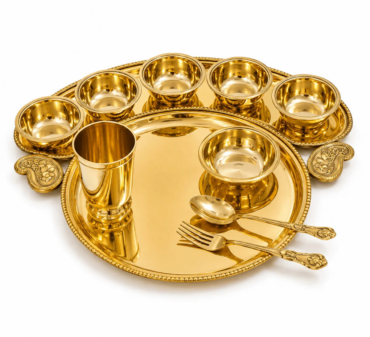 Maharaja 10 Pcs Brass Dinner Set – Etched Gold Pital Dinnerware