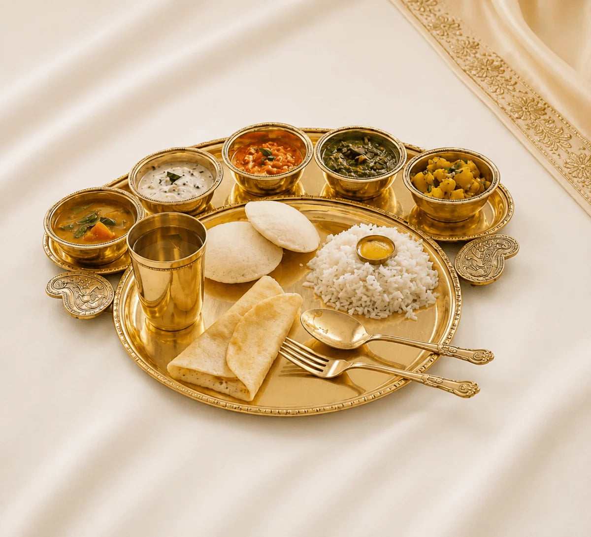 Maharaja 10 Pcs Brass Dinner Set – Etched Gold Pital Dinnerware