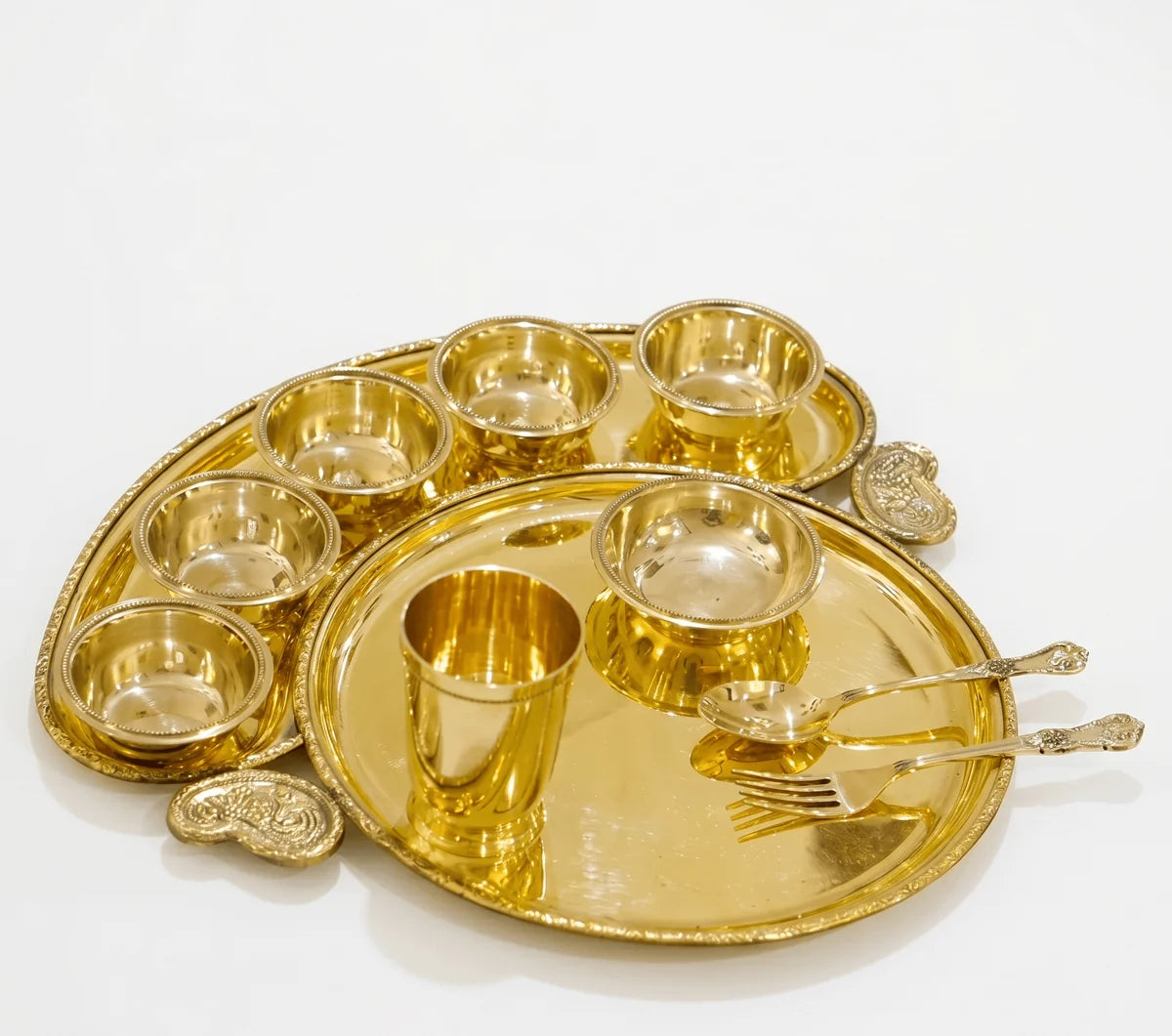 Maharaja 10 Pcs Brass Dinner Set – Etched Gold Pital Dinnerware