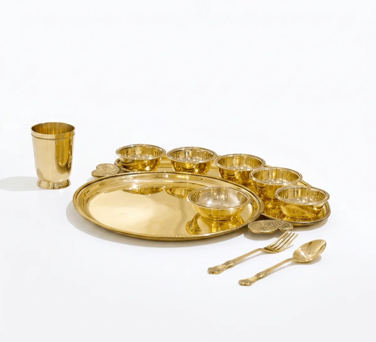 Maharaja 10 Pcs Brass Dinner Set – Etched Gold Pital Dinnerware