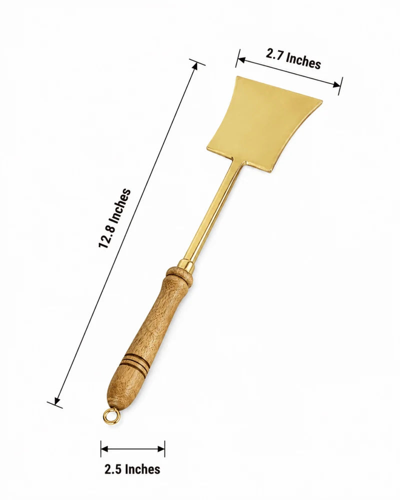 Handcrafted Pure Brass Tavetha / Spatula Turner with Wooden Handle | For Dosa, Roti & Chapati | 14.5" Length