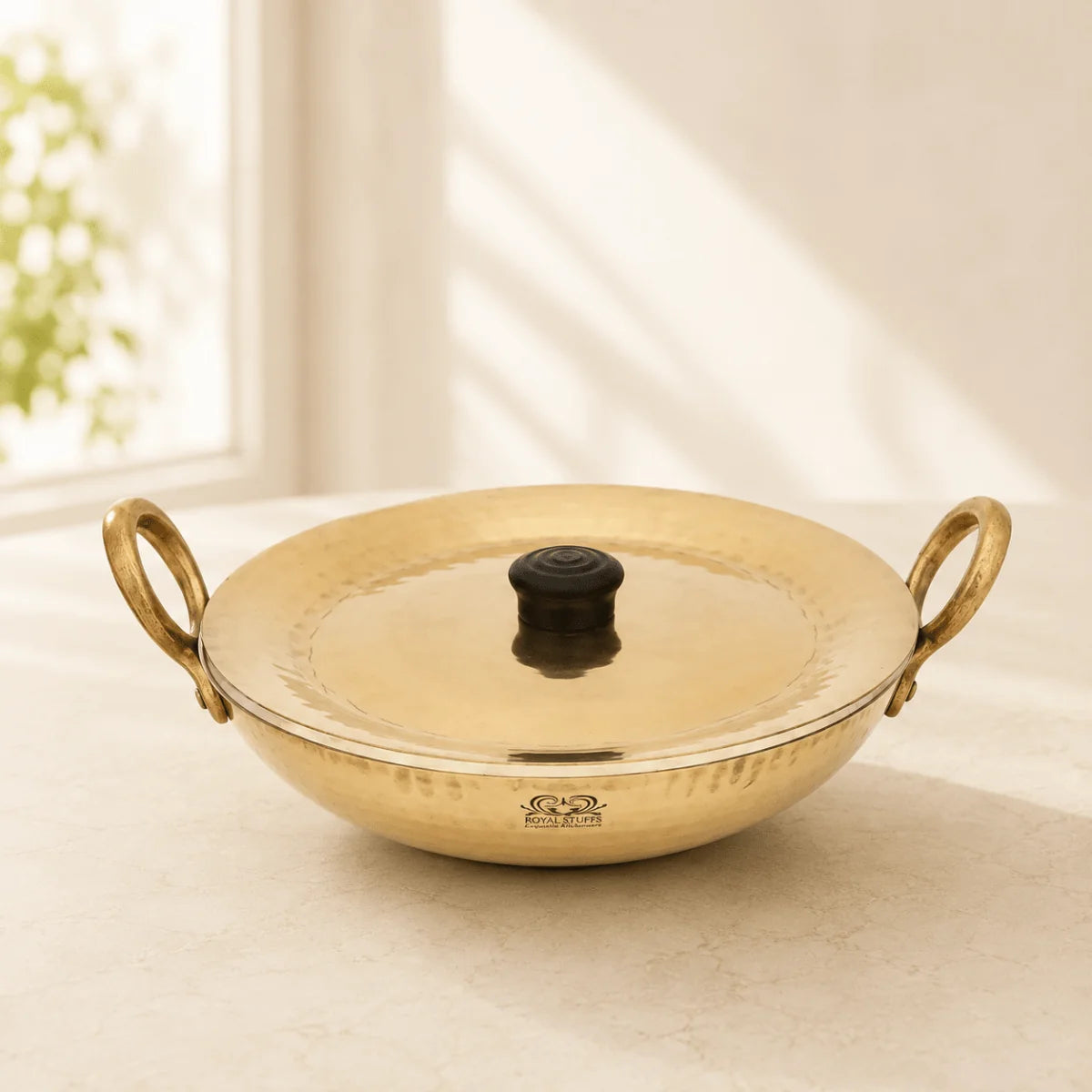 Flat Base Brass Kadhai with Lid – Tin Lined Heavy Bottom Cookware (Multiple Sizes)