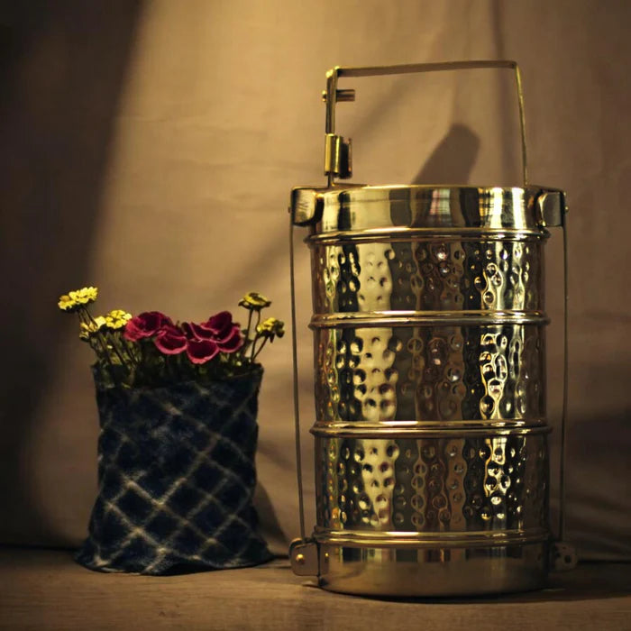 Handmade Hammered Brass 3 Tier Lunch Box – Traditional Tiffin Carrier with Handle