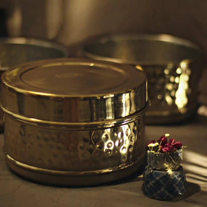 Handmade Hammered Brass 3 Tier Lunch Box – Traditional Tiffin Carrier with Handle