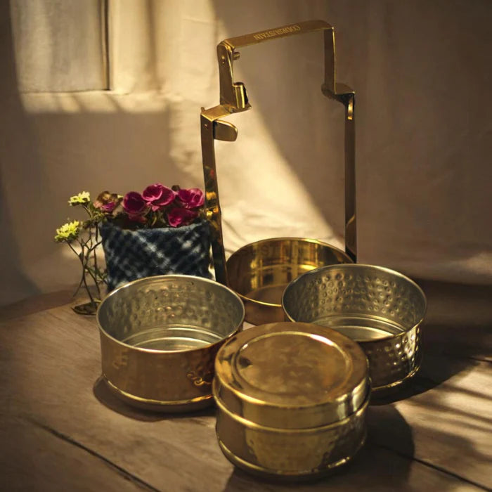 Handmade Hammered Brass 3 Tier Lunch Box – Traditional Tiffin Carrier with Handle