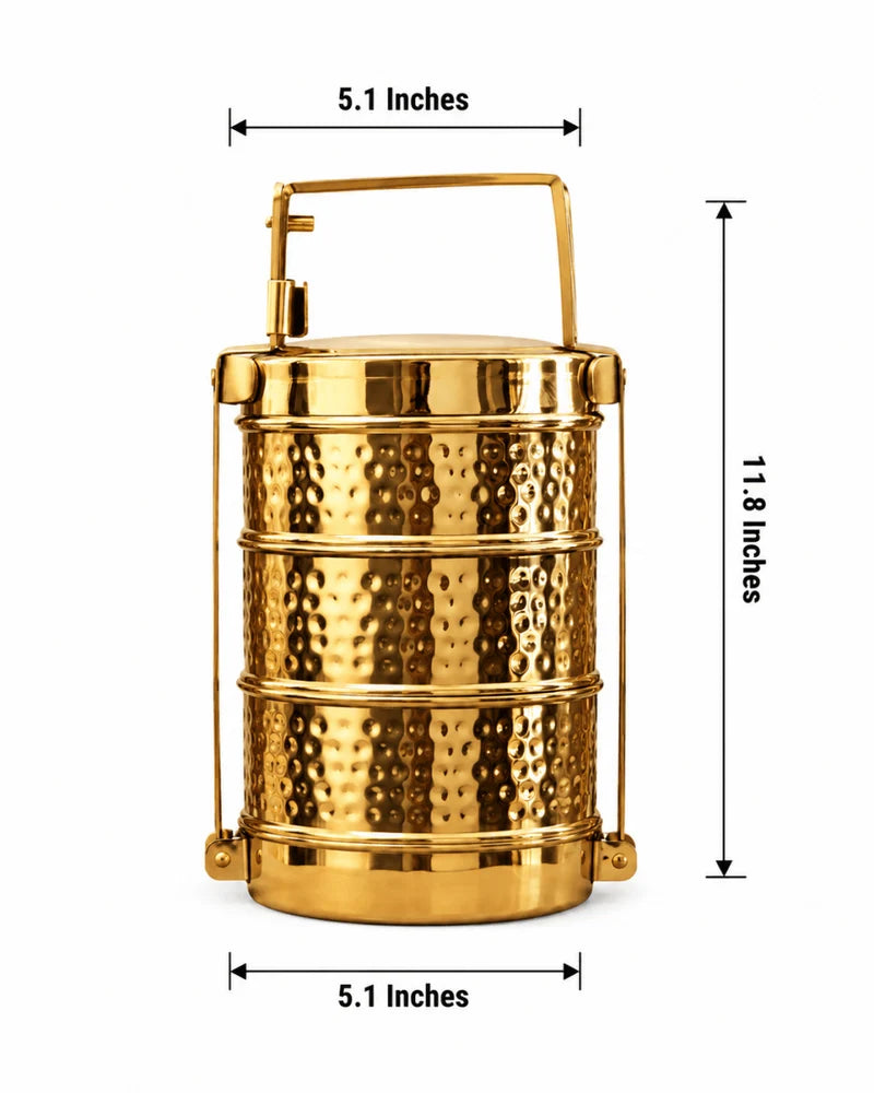 Handmade Hammered Brass 3 Tier Lunch Box – Traditional Tiffin Carrier with Handle