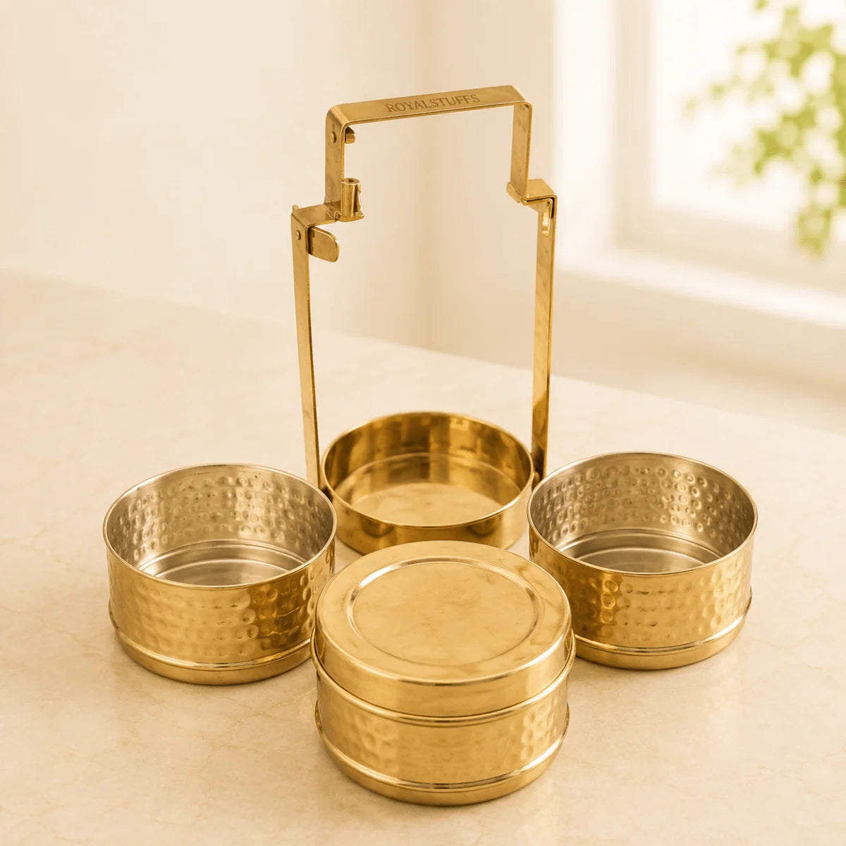 Handmade Hammered Brass 3 Tier Lunch Box – Traditional Tiffin Carrier with Handle