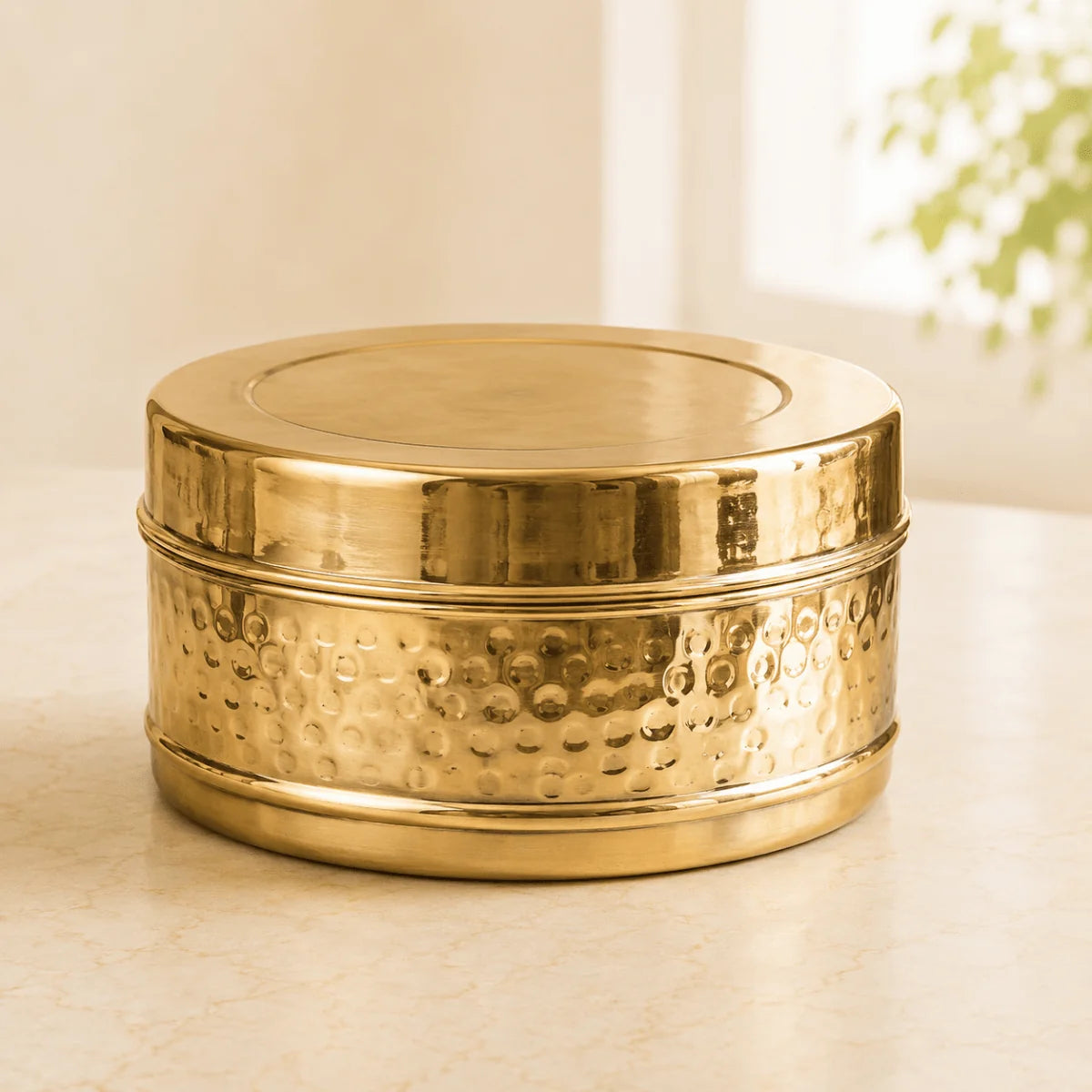 Handmade Hammered Brass 3 Tier Lunch Box – Traditional Tiffin Carrier with Handle
