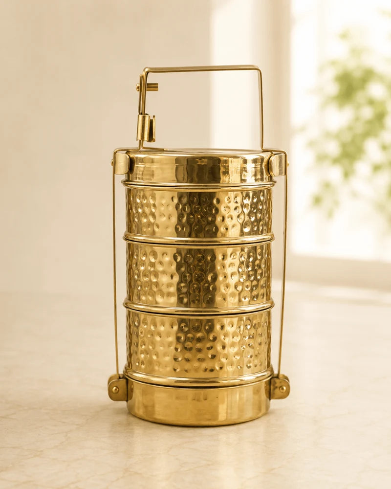Handmade Hammered Brass 3 Tier Lunch Box – Traditional Tiffin Carrier with Handle