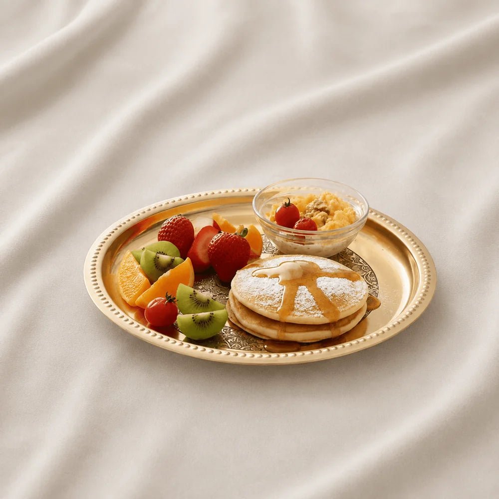Handmade Pure Brass Plate Dish Embossed Design Round Shape Plate