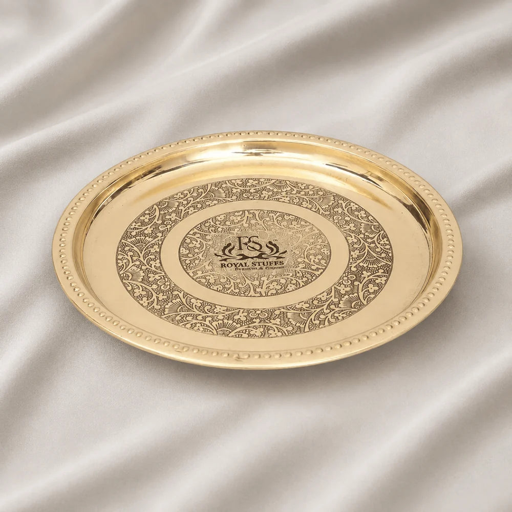 Handmade Pure Brass Plate Dish Embossed Design Round Shape Plate