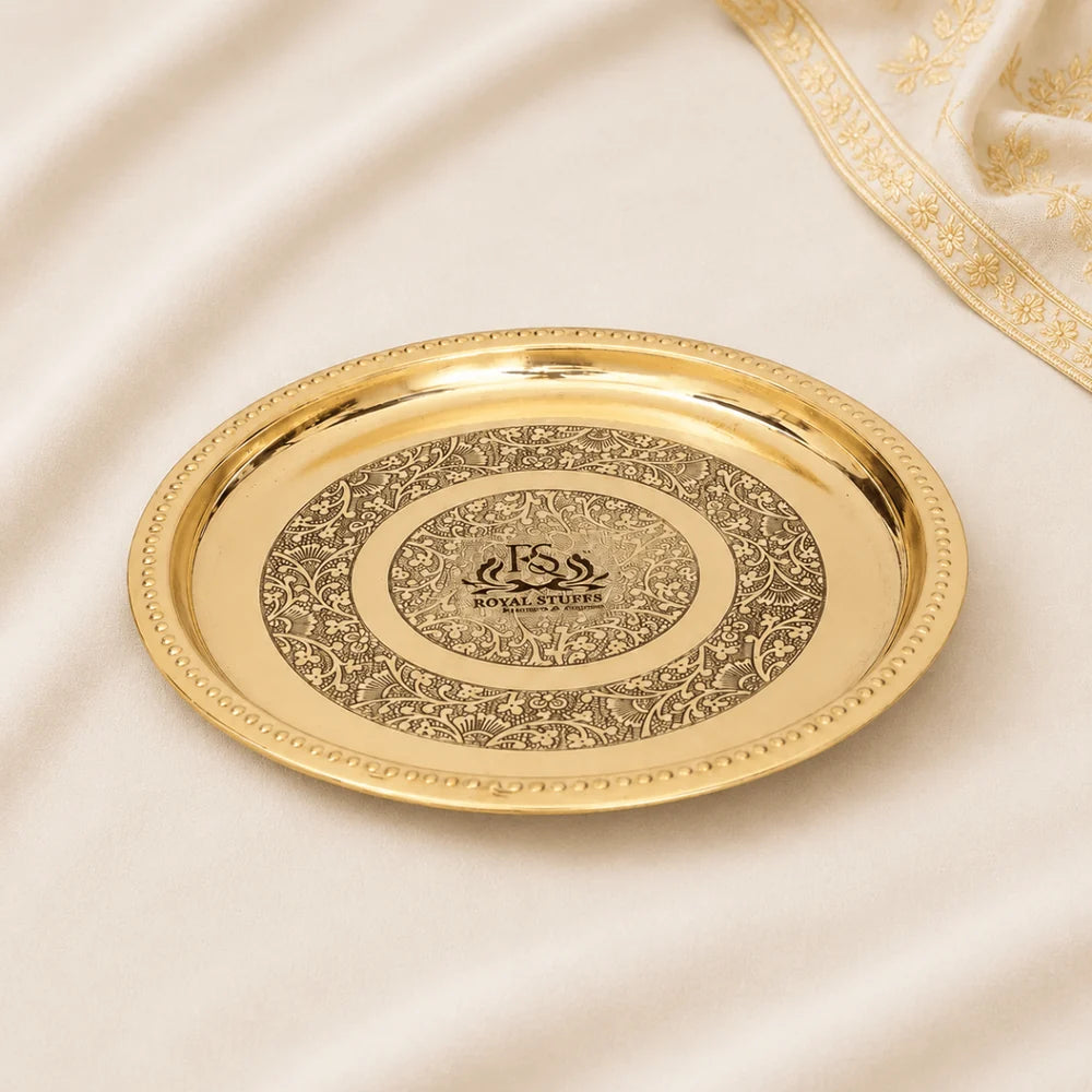Handmade Pure Brass Plate Dish Embossed Design Round Shape Plate