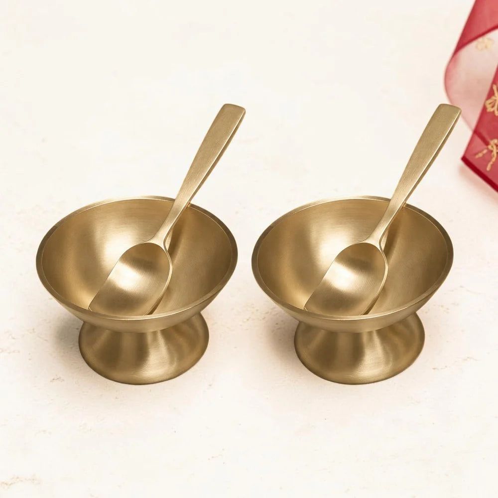 Handmade Pure Kansa Ice Cream Cup with Spoon Matt | Set of 2 | Traditional Bronze Dessert Bowl