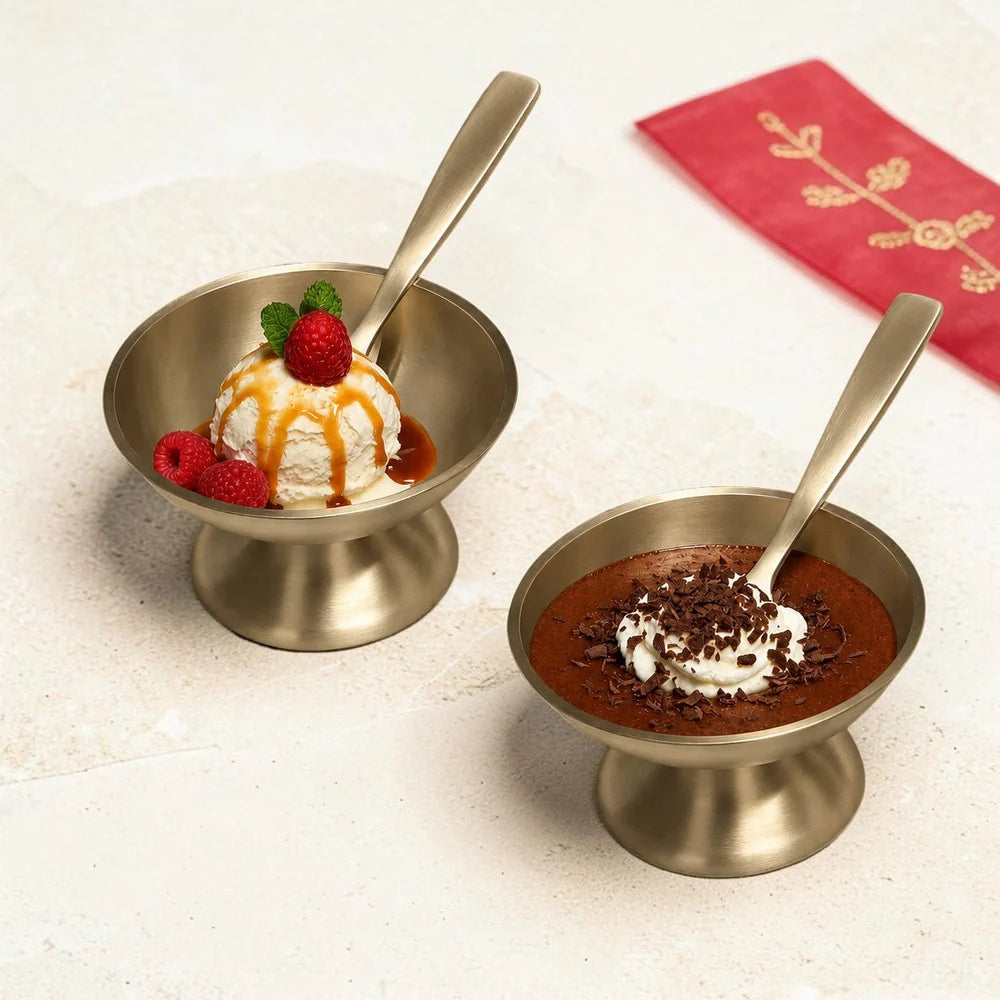 Handmade Pure Kansa Ice Cream Cup with Spoon Matt | Set of 2 | Traditional Bronze Dessert Bowl