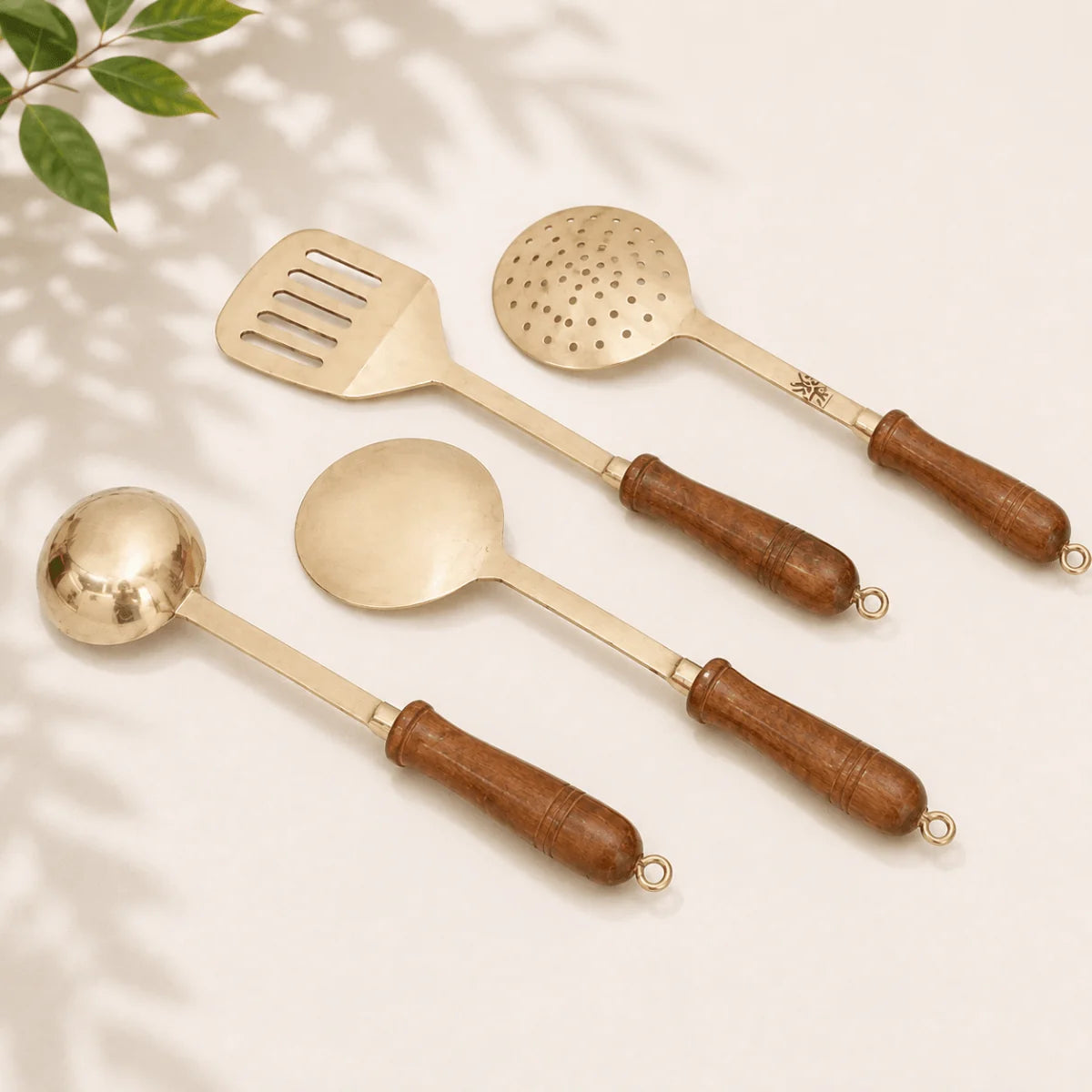 Handmade Traditional Brass Ladles & Spatula Cooking Set – 4 Piece Premium Kitchen Utensil Set