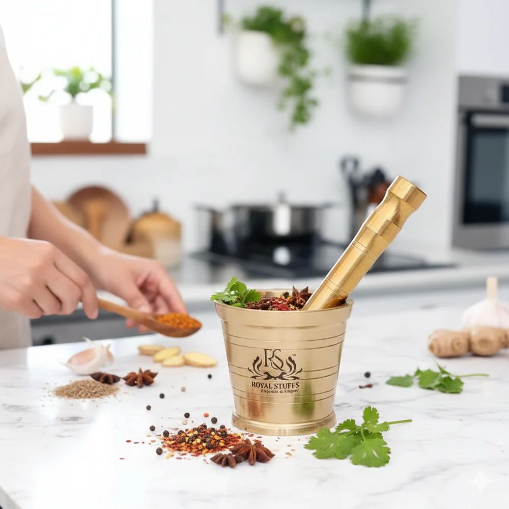Heavy Brass Mortar and Pestle Set – Handcrafted Spice & Herb Grinder (Khalbatta)