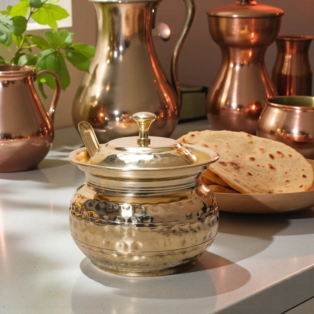 Pure Brass Ghee Pot with Lid and Spoon – Traditional Oil Container (250 ML)