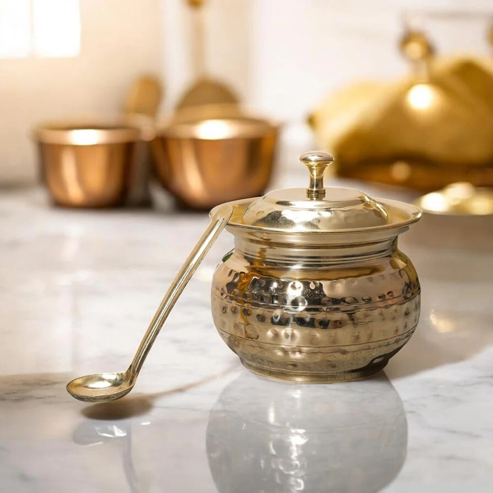 Pure Brass Ghee Pot with Lid and Spoon – Traditional Oil Container (250 ML)