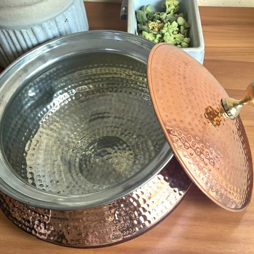 Hammered Copper Handi with Tin Lining – Traditional Cooking Pot with Lid (15 Inch)