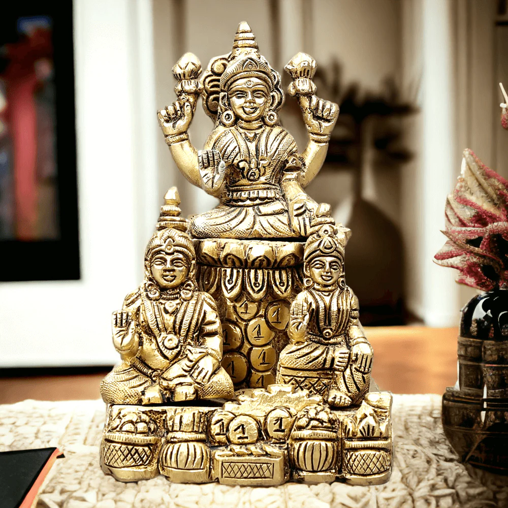 Brass Lord Kubera with Goddess Lakshmi and Riddhi Idol – Handmade Sacred Murti